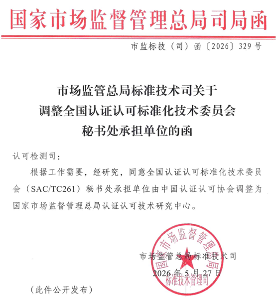 市场监管总局标准技术司关于调整全国认证认可标准化技术委员会秘书处承担单位的函